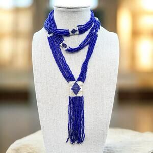 Vintage Cobalt Blue Glass Seed Bead Necklace Multi-Strand Flapper Style Gatsby